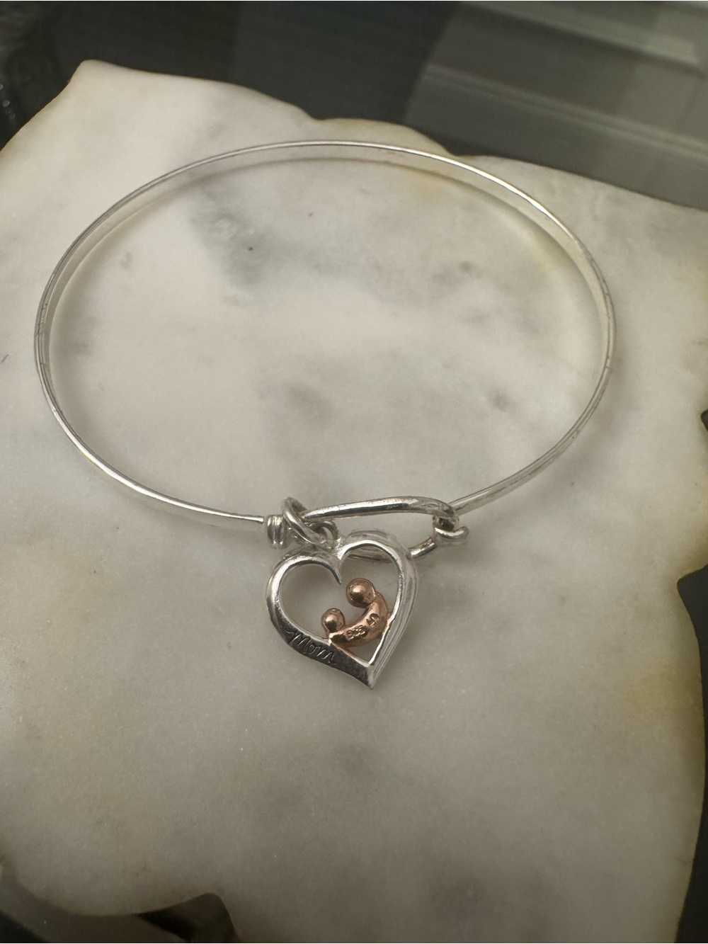 Mom and Baby Heart Bangle Bracelet in Silver with Rose-Gold Accent